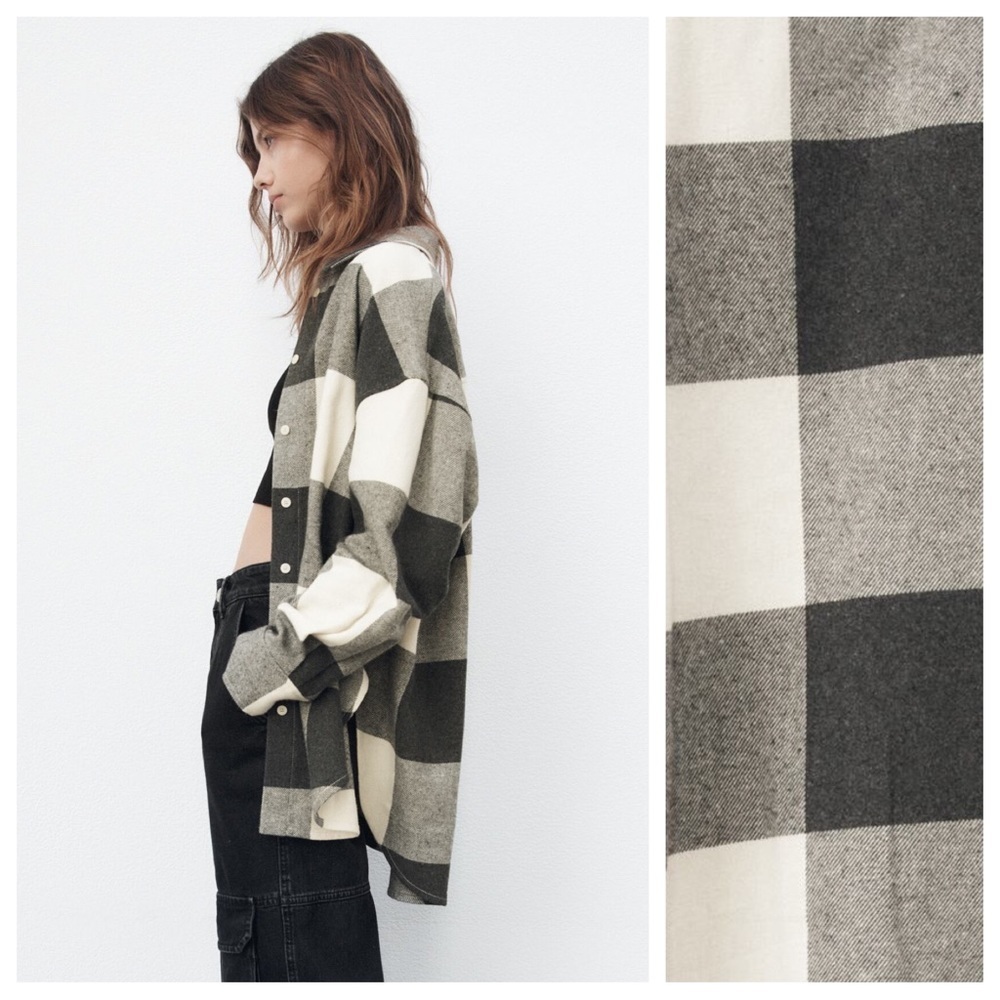 NWT. Zara Oversized Black/Cream Plaid Flannel Shirt. Size M. - Picture 3 of 10